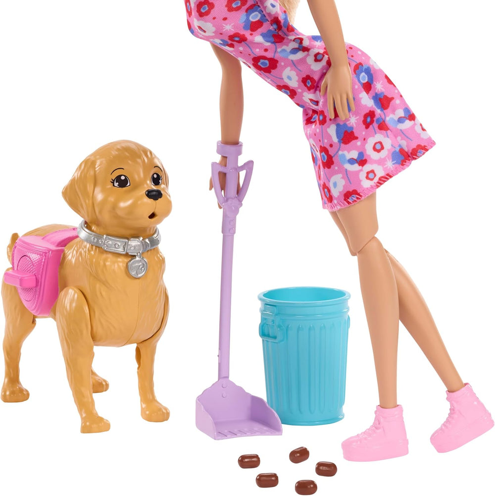 Barbie Hundespaziergang Spielset, enthält einen Spielzeughund, der gehen und Häufchen Machen kann, eine Barbie Malibu-Puppe sowie EIN Kehrset und Hundezubehör, JJB46