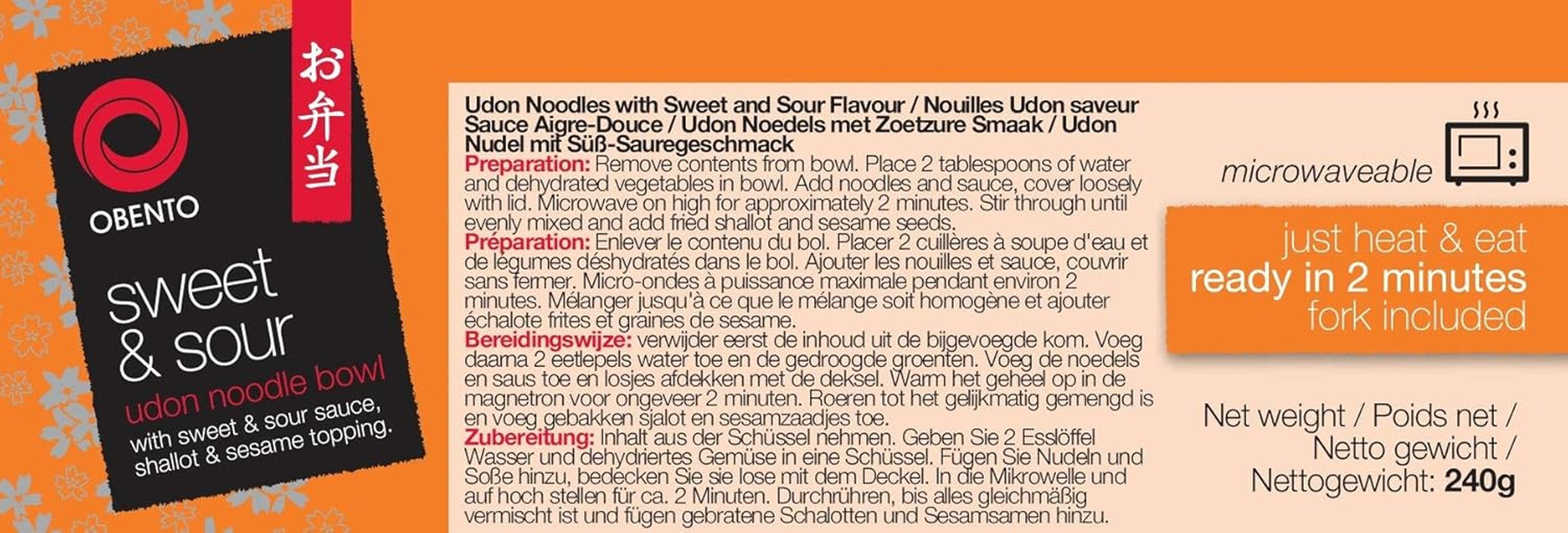 Bol Udon dulce-acrișor, mâncare gata preparată pentru cuptorul cu microunde, 240 g