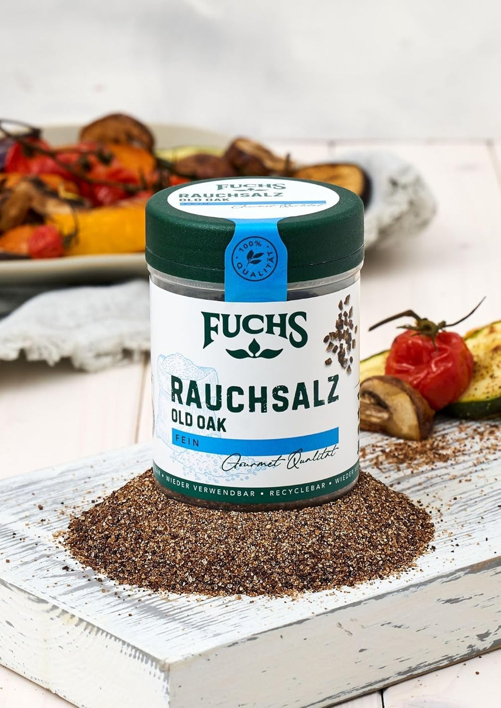 Fuchs Gewürze - Rauchsalz "Old Oak" - über Eichenholz geräuchert, rauchiger Geschmack für Grillfleisch oder Fisch - natürliche Zutaten - 100 g in wiederverwendbarer, recyclebarer Dose