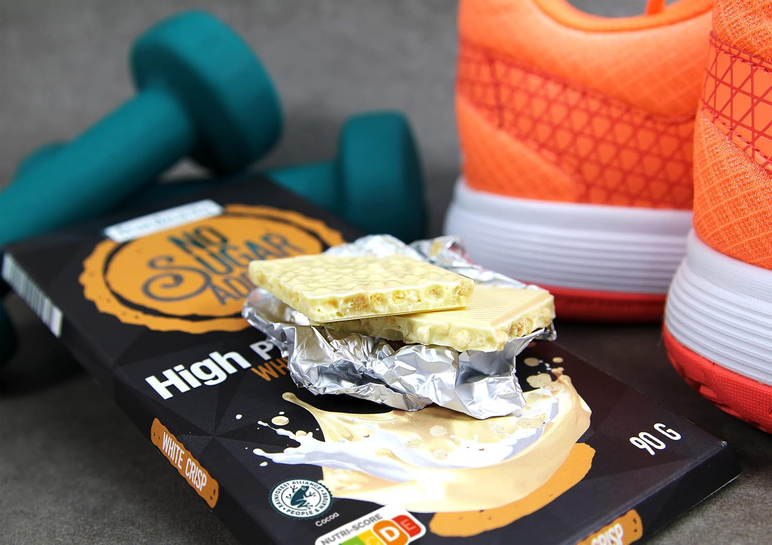 frankonia CHOCOLAT POWER MOTION fără zahăr adăugat - Ciocolată albă crocantă cu conținut ridicat de proteine și conținut scăzut de carbohidrați, 90 g