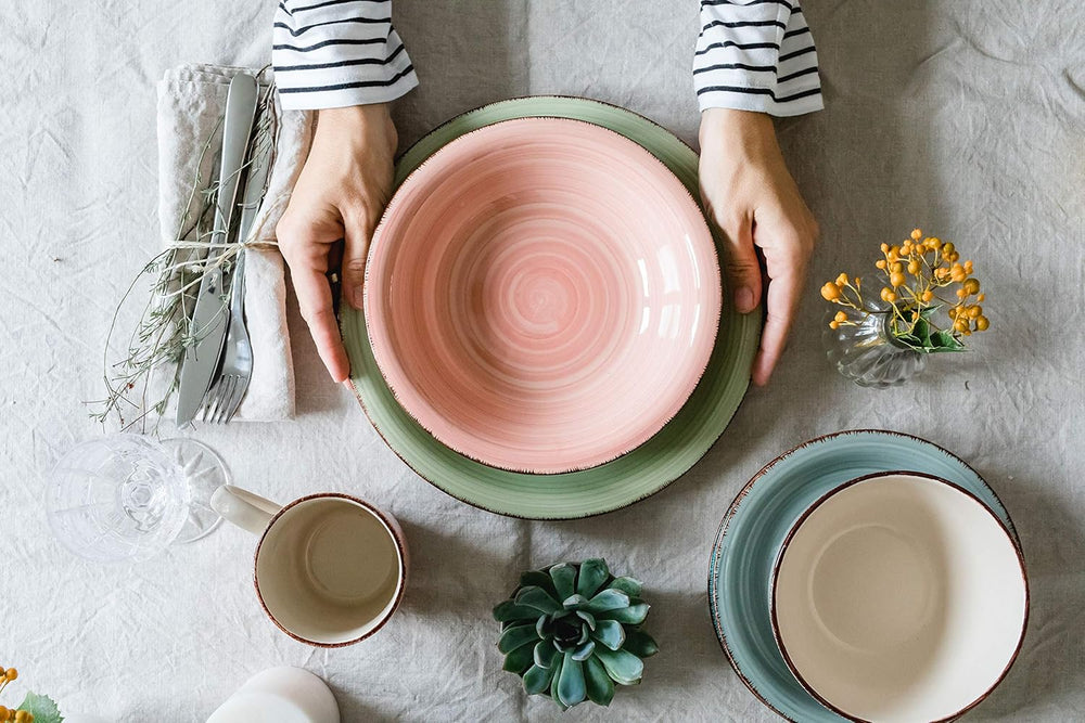 Set de veselă MÄSER pentru 6 persoane, aspect vintage modern, serviciu de masă cu 12 piese, pictat manual, albastru, gresie, albastru fumuriu (Bel Tempo II)