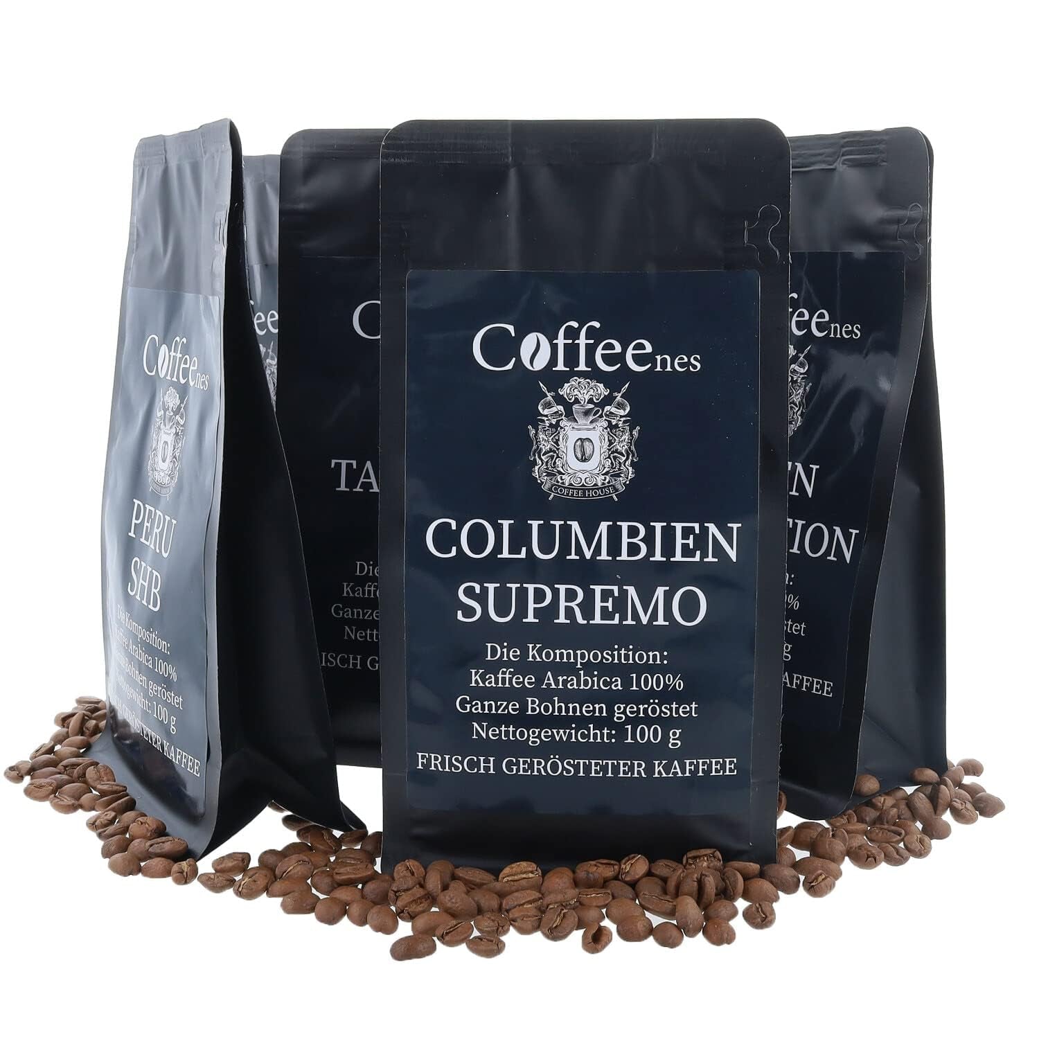 Coffeenes Kaffeebohnen Probierset – Kaffee Geschenk - 6 Sorten ganze Bohnen Arabica aus Brasilien, Peru, Kolumbien, Tansania, Indien, Uganda – 6 x 100g