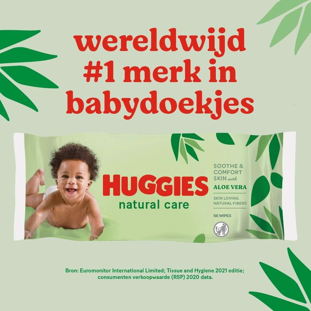 Huggies® Natural Care Baby Wipes, 10 x 56 Șervețele, fabricate din fibre de îngrijire a pielii pentru o piele sănătoasă, îmbogățite cu Aloe Vera Servetele Umede Bebelusi Naty Shop