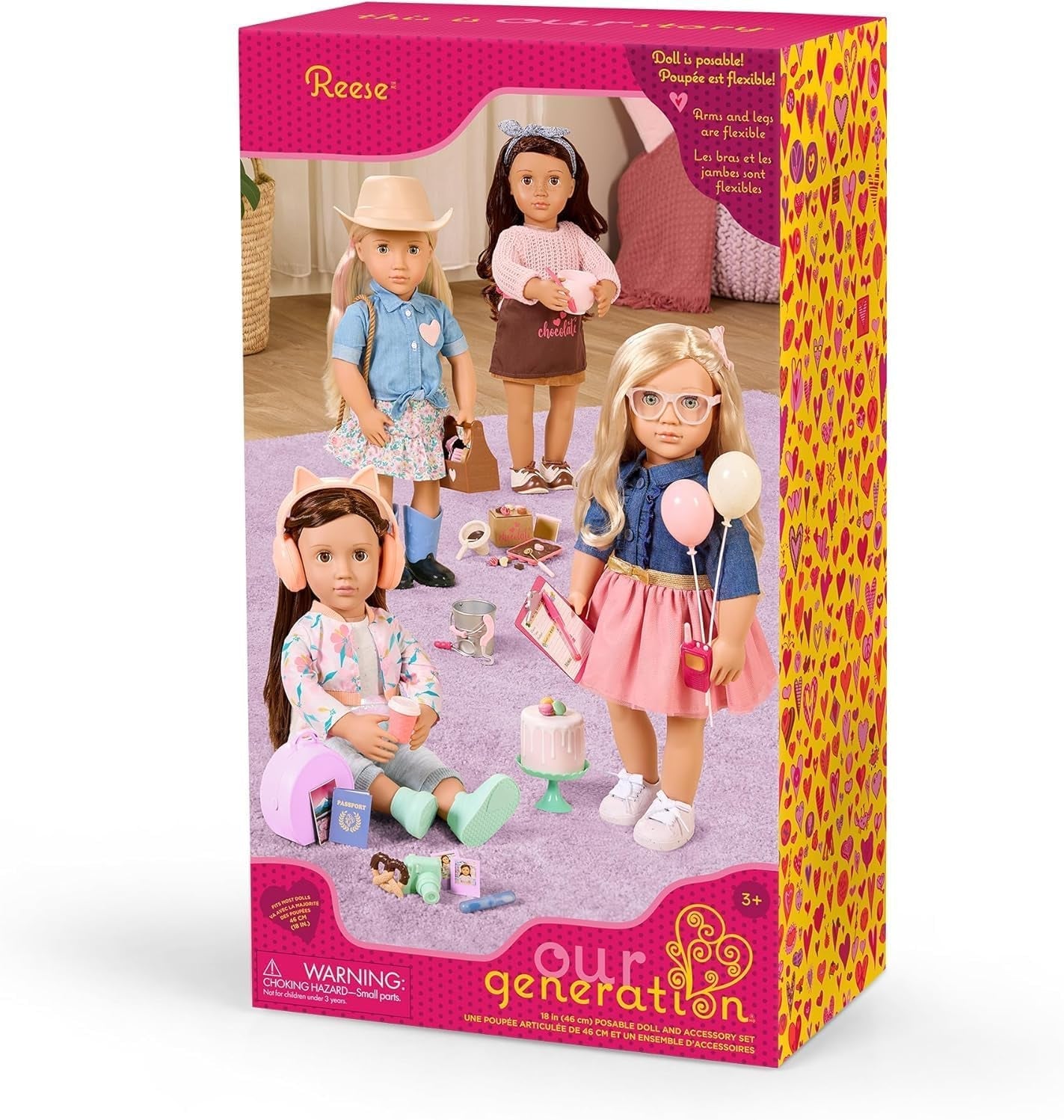 Our Generation - Reese - Bewegliche 46 cm-Puppe - Lebensechte braune Augen & langes braunes Haar - Handgepäck und Reisezubehör - Vorgetäuschtes Spiel - Spielzeug für Kinder ab 3 Jahren