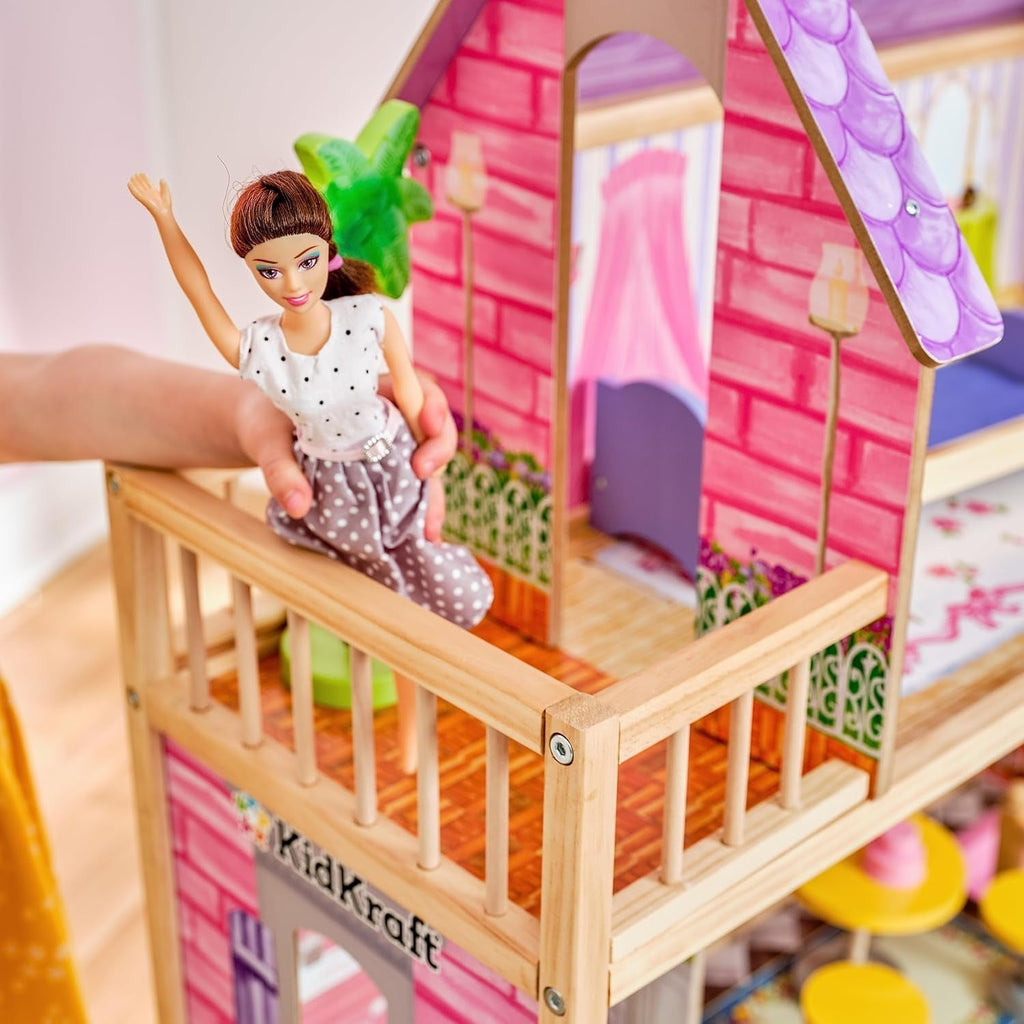 Casa de păpuși din lemn Kidkraft Kayla cu mobilier și accesorii, set de joacă cu 3 niveluri de joc pentru păpuși de 30 cm, jucărie pentru copii de la 3 ani, 65092 - Exclusiv pe Amazon Casute de papusi Naty Shop