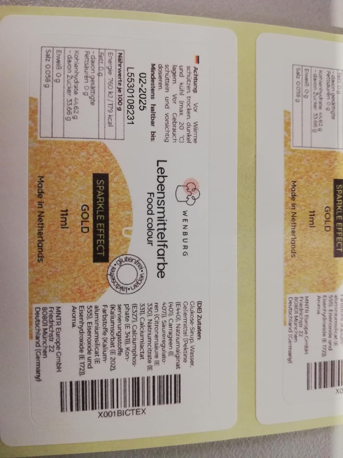 Colorant alimentar Wenburg, sclipici, 11 ml, concentrat, fabricat în UE, lichid. Pentru colorarea aluatului, băuturilor, aromelor, slime-ului - Colorant alimentar auriu cu sclipici - Colorant auriu pentru prăjituri - Sclipici auriu