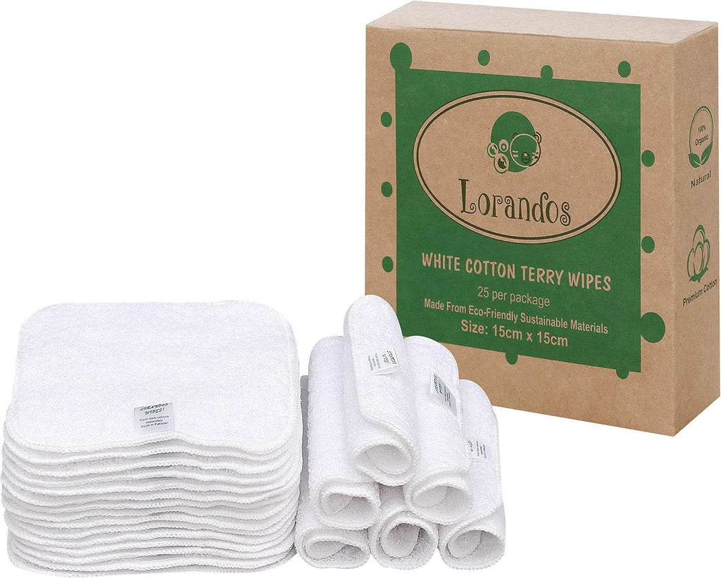 Șervețele reutilizabile pentru copii 100% bumbac Terry (25pachet - 15X15Cm - alb) fără parfum, lavabile, ultra moi și super absorbante Mama si Copilul Naty Shop