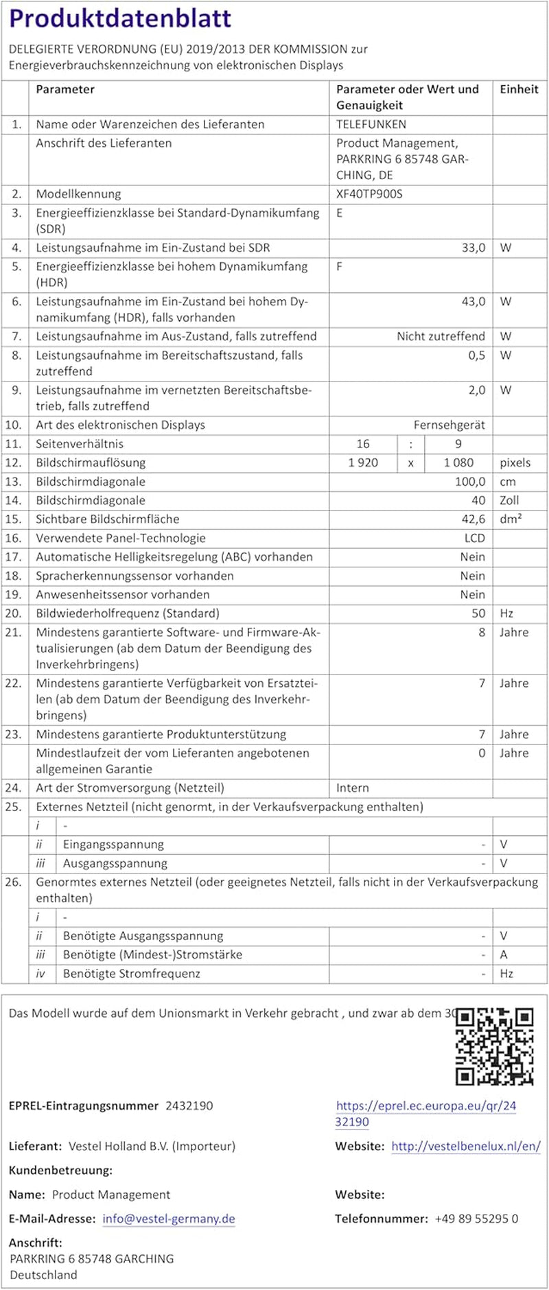 Televizor inteligent TELEFUNKEN de 40 de inci, cu tehnologie TiVo Full HD, HDR TV cu tuner triplu și 6 luni de HD+ incluse, televizor LED XF40TP900S (2026)