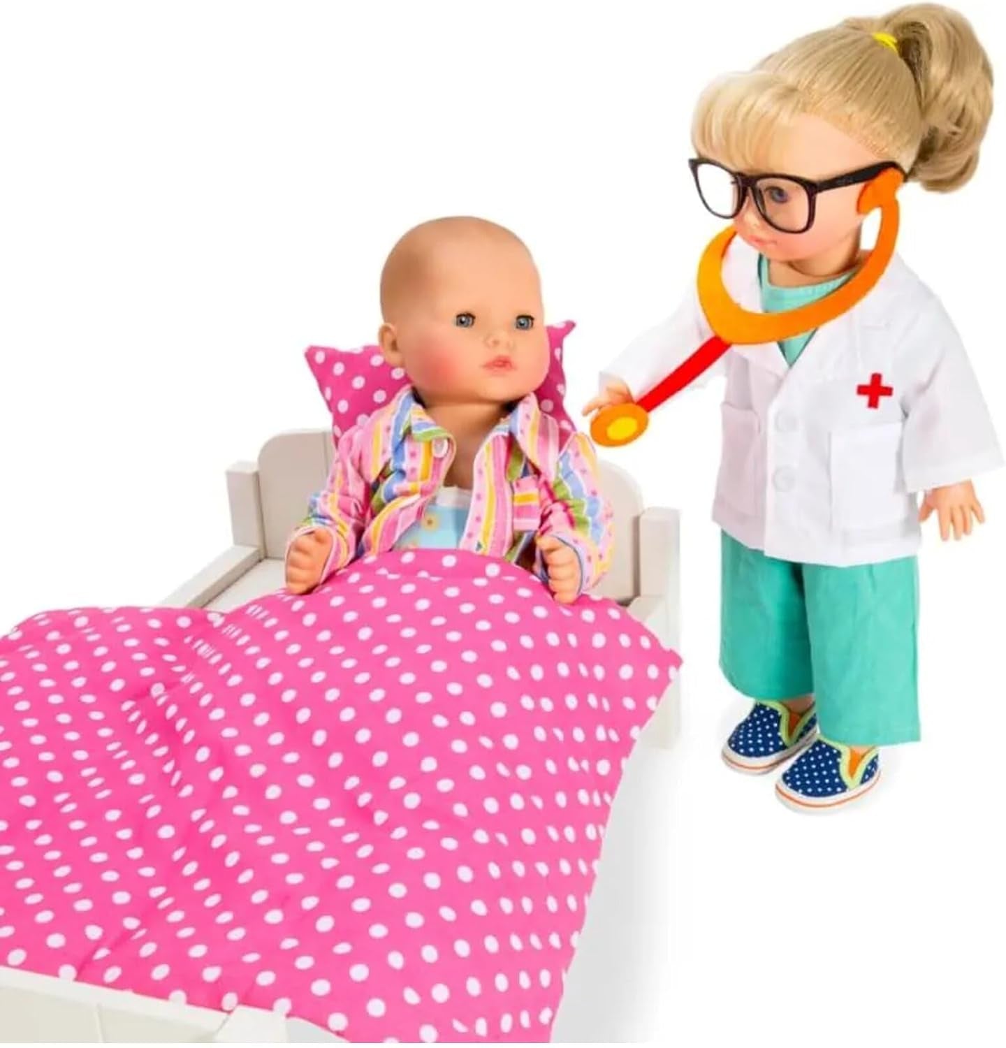 Heless 2653 - Bekleidungs-Set für Puppen, 4 teiliges Arzt-Outfit mit Hose, Hemd, Arztkittel und Stethoskop, Größe 35 - 45 cm