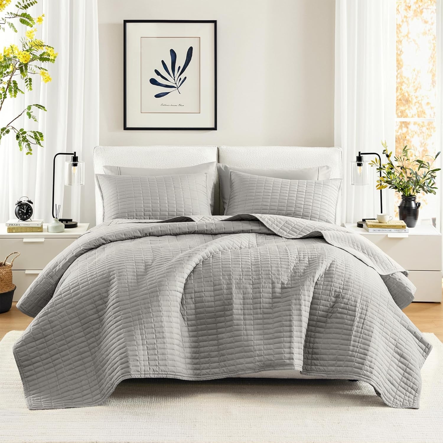 Comfort Spaces Kienna Quilt Set, cusături duble de lux, pătură de vară, ușoară, moale, lenjerie de pat pe tot parcursul anului, față de pernă asortată, albă, pătură pentru paturi King Size (264.2 X 228.6 Cm), Plapumi si pilote Naty Shop Gri King/Cal King(104"X90")