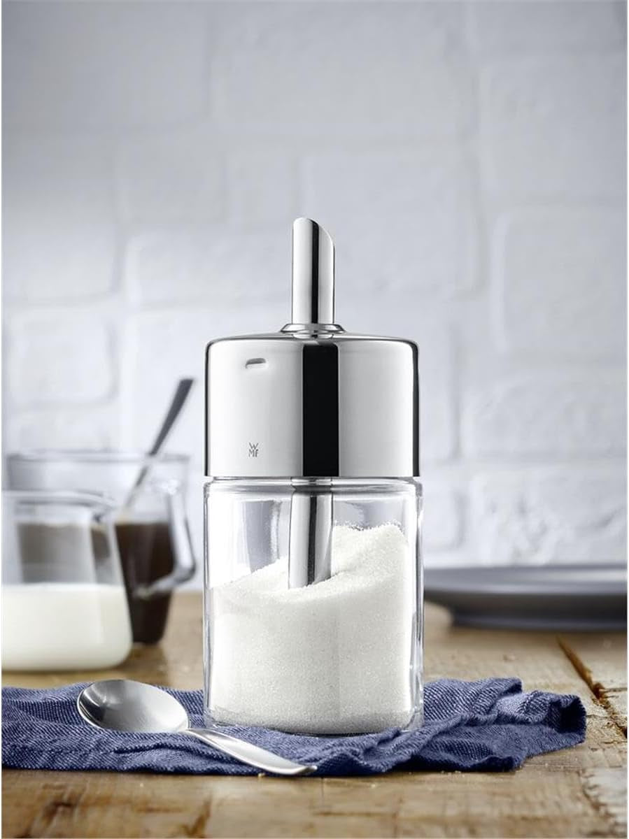 WMF Barista Zahăr Shaker 240g, Sticlă, Dozator de Zahăr, Oțel Inoxidabil Lustruit Cromargan, Ideal pentru Zahăr Alb/Brun, Cacao sau și ca Shaker pentru Mirodenii