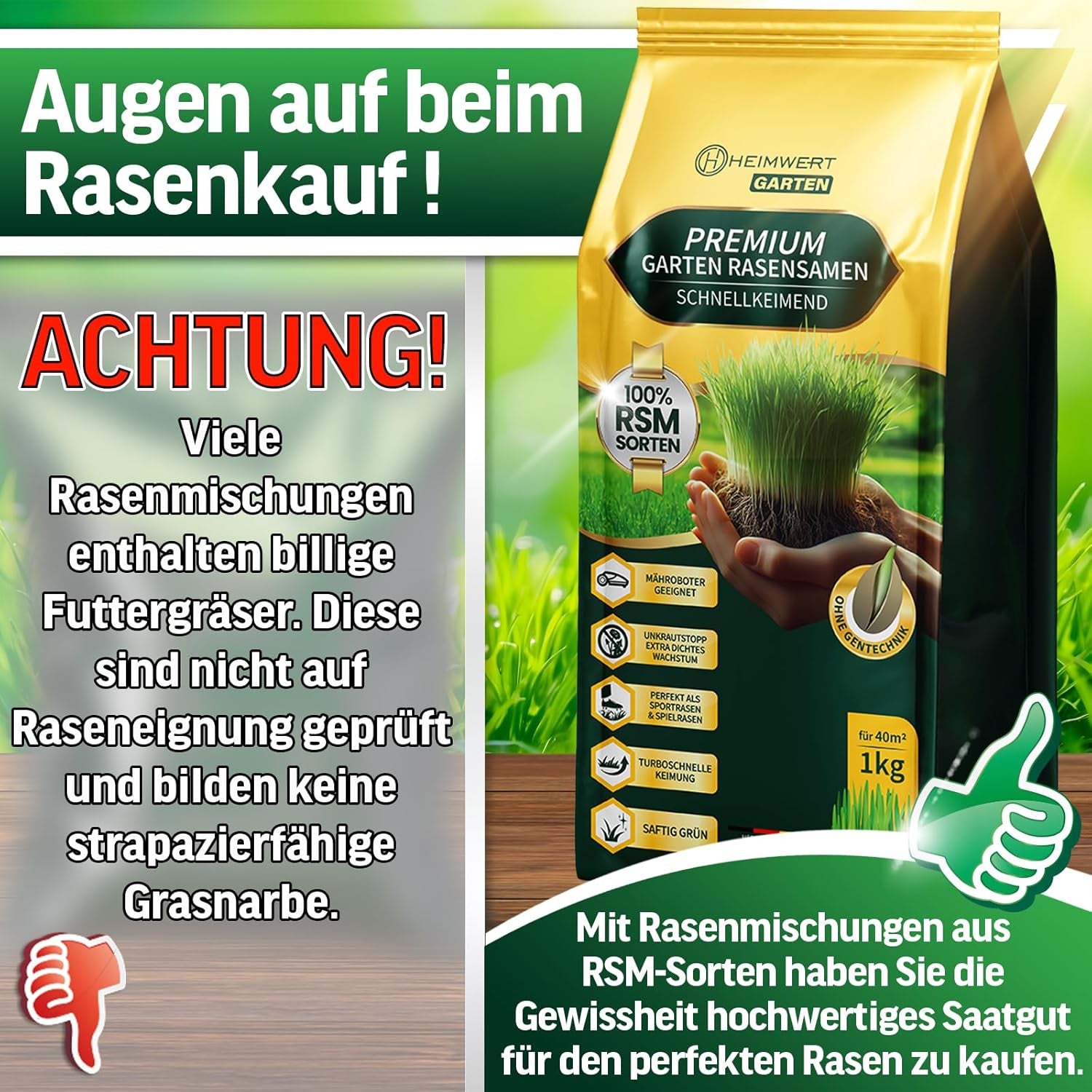 Rasensamen Schnellkeimend Sommer Und Herbst All Saison - Grassamen - Rasensamen Sport Und Spiel Aus Hochwertigster Gräser Mischung Empfohlener RSM Sorten - 1Kg Für 40M2 Made in Germany (1Kg)