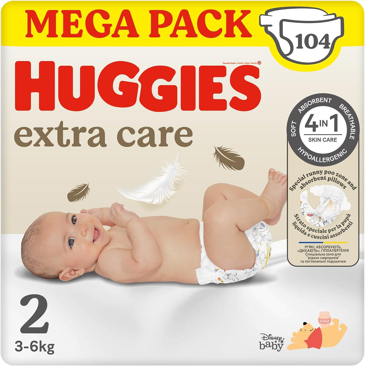 Scutece Huggies Extra Care pentru bebeluși, mărimea 2 (3-6 kg), foarte absorbante, design Disney, Mega Pack, 104 bucăți