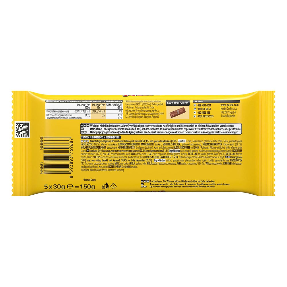 Nestlé NUTS, Batoane de ciocolată cu alune de pădure cu umplutură de caramel, alune de pădure întregi și cremă delicioasă de bomboane, acoperite cu ciocolată cu lapte, 1 pachet (5 x 30g)