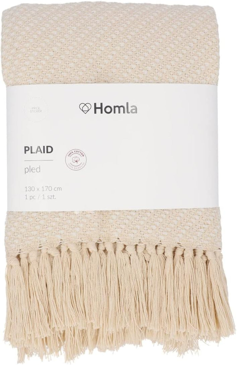 HOMLA Morris Plaid Pătură cu franjuri din bumbac - Pătură moale și confortabilă Pătură din bumbac - țesătură fină 130 X 170 Cm Ecru Paturi si Cuverturi Besuche den HOMLA-Store