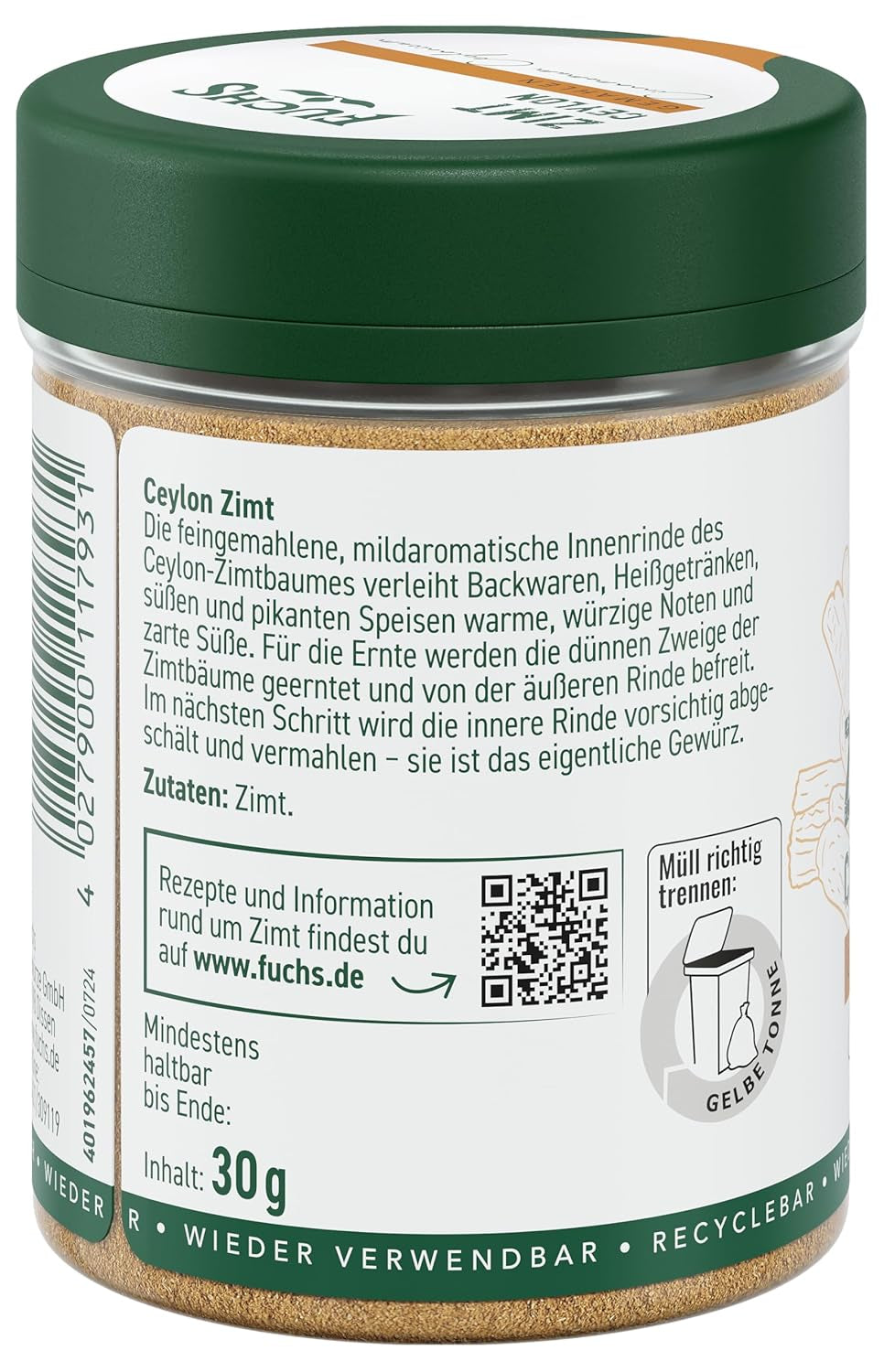 Fuchs Gewürze - Zimt Ceylon gemahlen | Aus natürlichen Zutaten | 30 g in wiederverwendbarer, recyclebarer Streudose