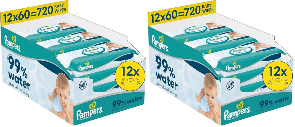 Șervețele umede Pampers 99% apă pentru bebeluși, 12 pachete a câte 60 de șervețele fiecare = 720 de șervețele umede pentru bebeluși, loțiune ușoară cu 99% apă