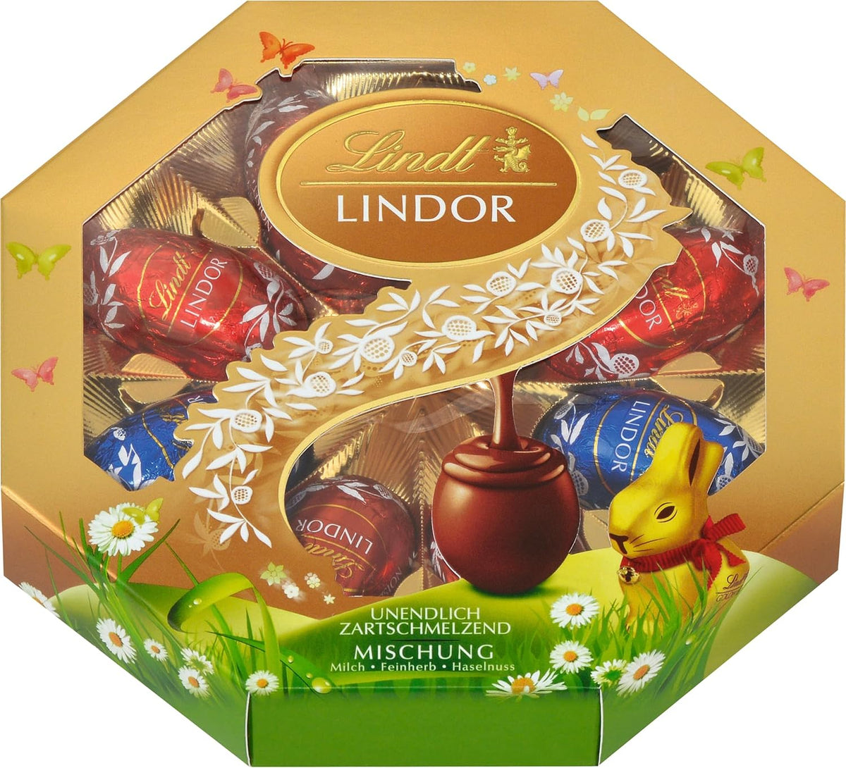 Mix de Paște Lindt Chocolate LINDOR | Casetă 144g | Ouă LINDOR care se topesc în gură în trei variante: Ciocolată cu lapte, Ciocolată neagră, Alune | Ciocolată de Paște | Cadou de ciocolată | 1 pachet