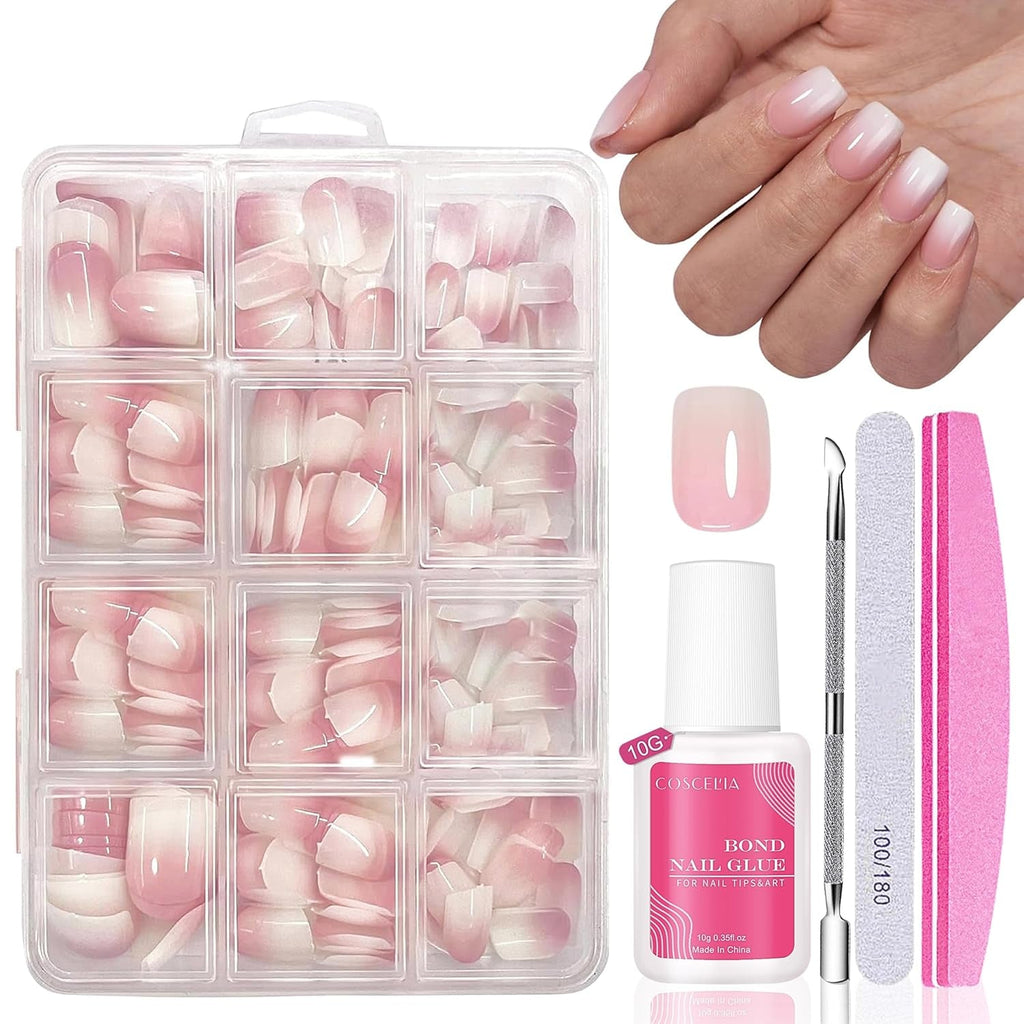 Set de unghii false - 240 de bucăți, unghii false franțuzești, pentru lipit - Design gradient alb roz, unghii artificiale, acoperire completă, gel moale, naturale și confortabile la purtare (migdală roz)
