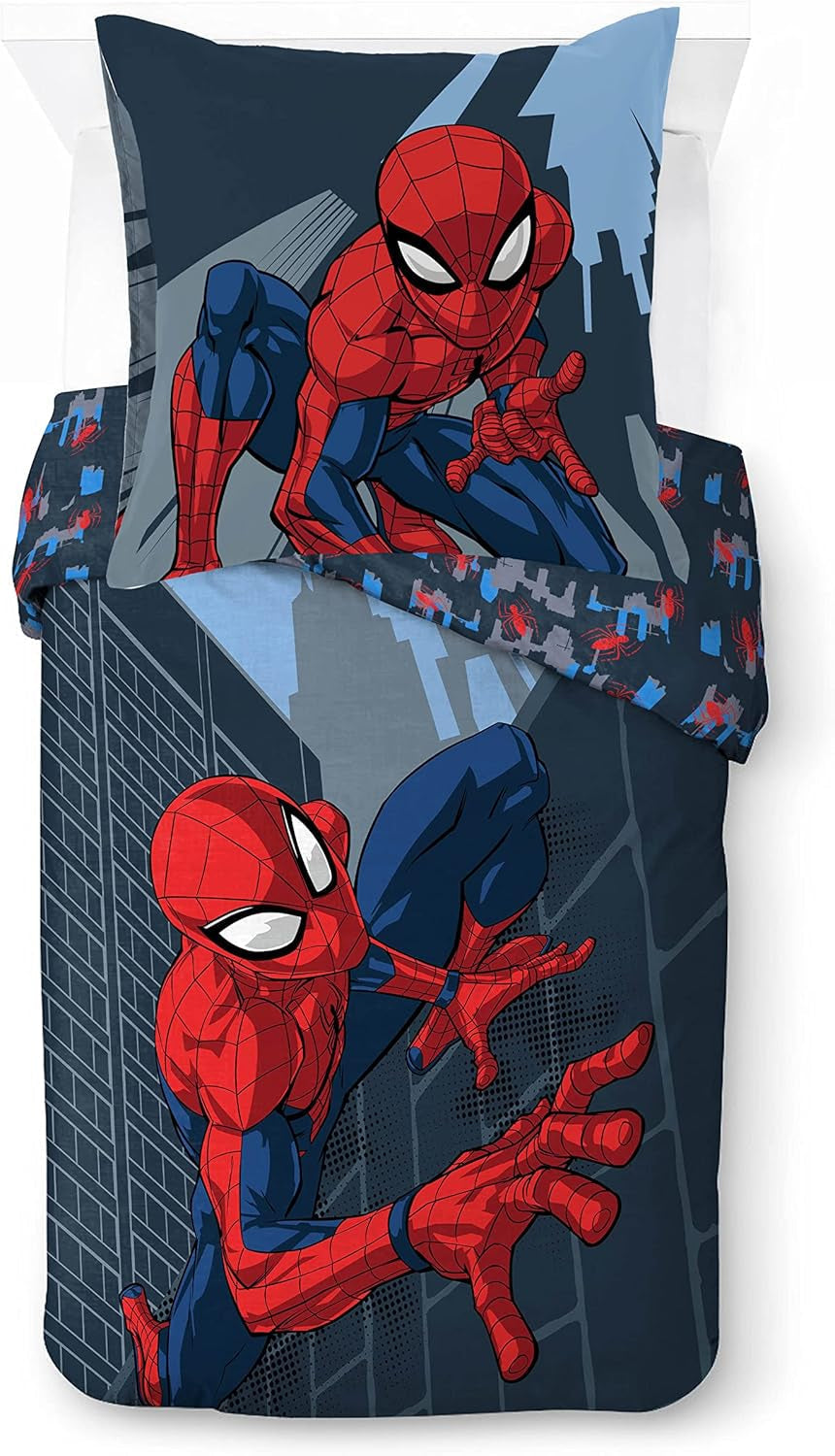 Lenjerie de pat pentru copii, unisex, printese si super eroi, 100% bumbac Lenjerie de pat - copii Naty Shop Albastru - Spiderman 135X200/80X80 (2 Piece)