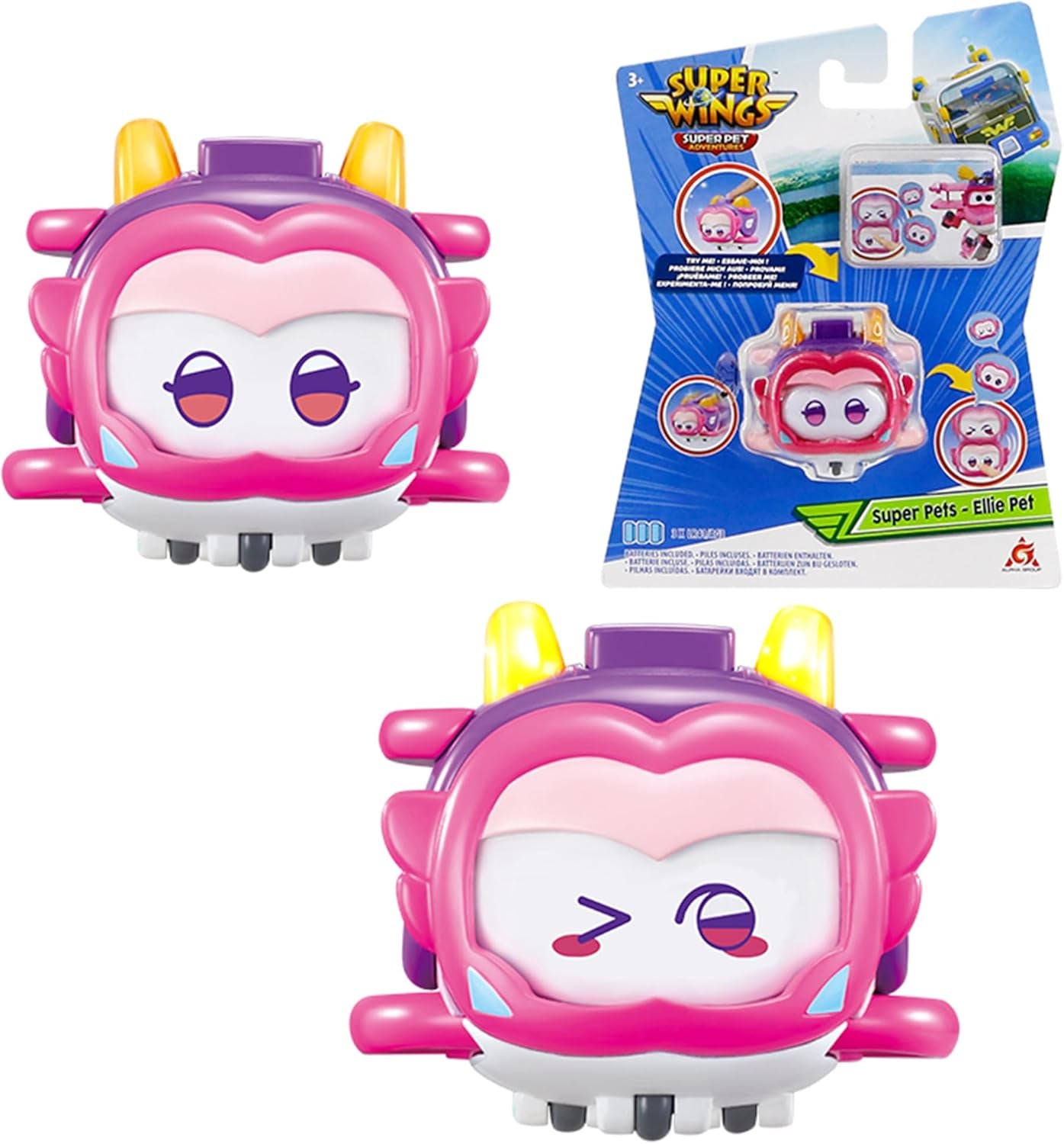 Super Wings Super Pets 4 PCS Shine, Golden Boy, Jerome, Ellie, cu expresie facială comutabilă, cu efect de fulger, portabil, jucărie pentru 3 4 5 6 7 8 ani băiat fată, 2 inci Action figures Naty Shop Ellie