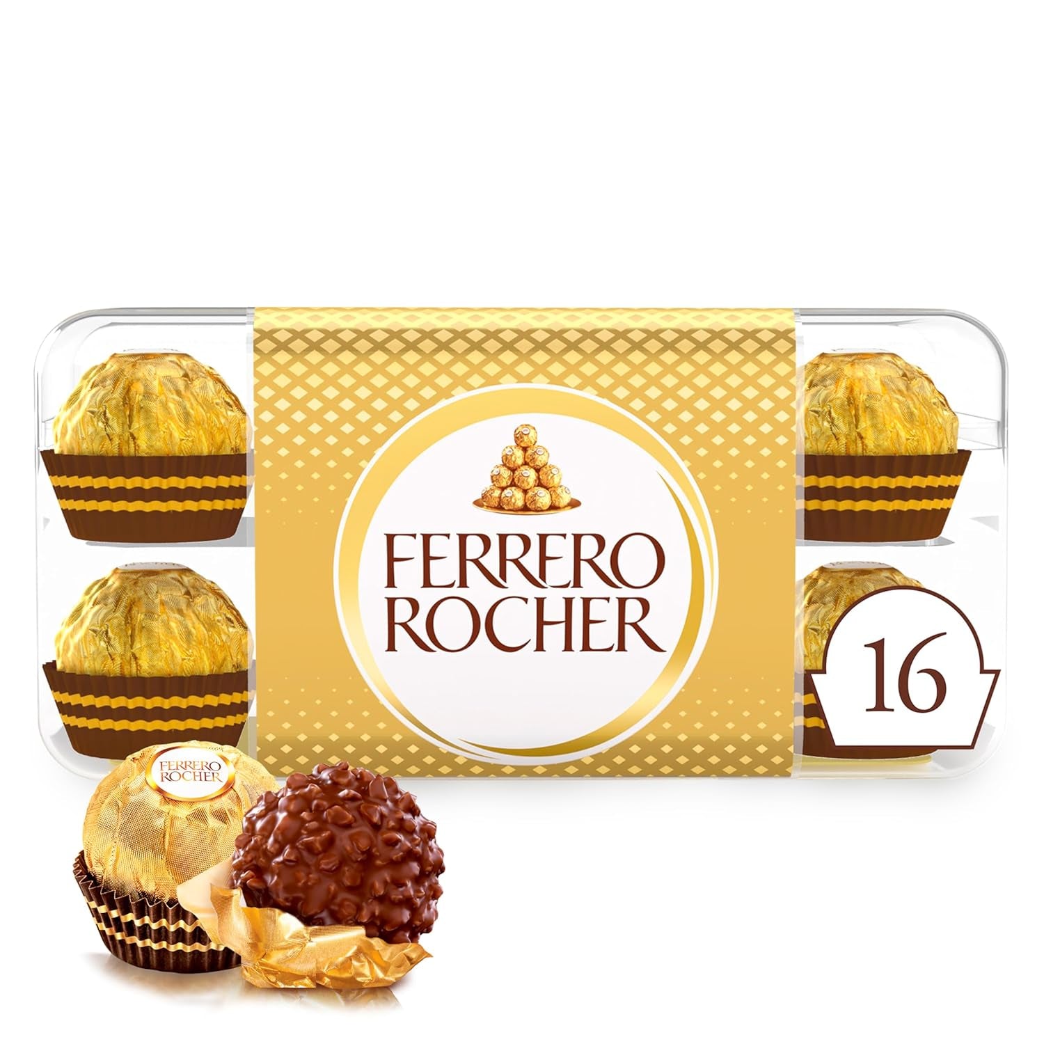Ferrero Rocher – Specialitate de praline crocante și cremoase cu alune – Cadou de Ziua Îndrăgostiților pentru el și ea – 16 pachete a câte 4 praline individuale