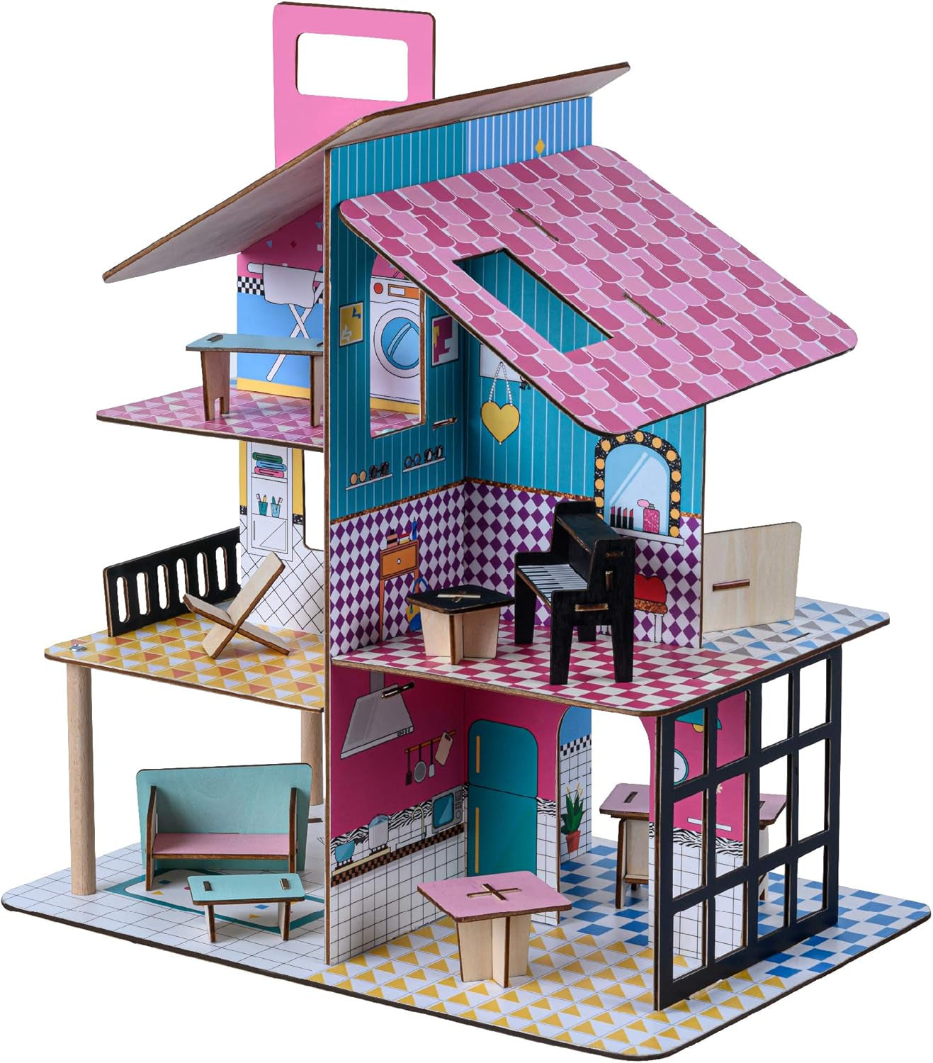 Olivia'S Little World 360 Casă de păpuși din lemn pentru copii Păpuși de 3,5" și 12 accesorii Multicolor TD-13260C Casute de papusi Naty Shop Titlu implicit