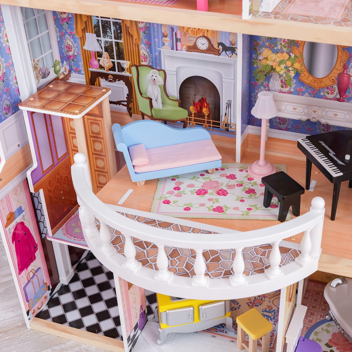 Casa de păpuși Kidkraft Magnolia Mansion din lemn cu mobilier și accesorii, set de joacă cu balcon și lift pentru păpuși de 30 cm, jucărie pentru copii de la 3 ani, 65907 Casute de papusi Naty Shop