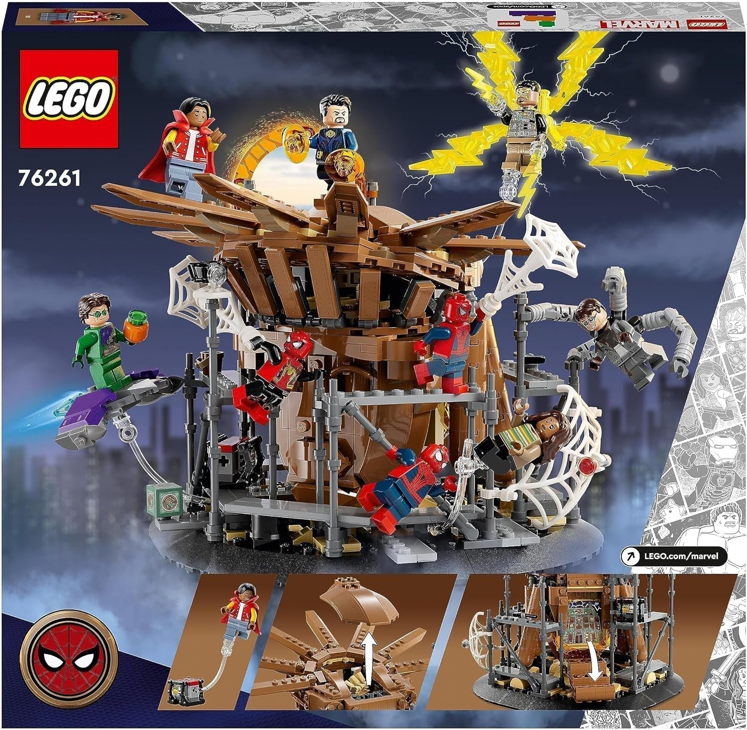LEGO 76261 Marvel Spider-Man's Big Showdown, Spider-Man: No Way Home set cu 3 minifigurine Peter Parker plus Green Goblin, Electro, Sandman, Ned, Doctor Strange și MJ, model de colecție Seturi de constructie Besuche den LEGO-Store
