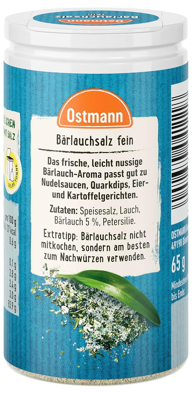 Ostmann Gewürze - Bärlauchsalz | Ideal zu herzhaften Gemüse oder Fleischgerichten | Recyclebare, nachfüllbare Streudose | 65 g im Streuer