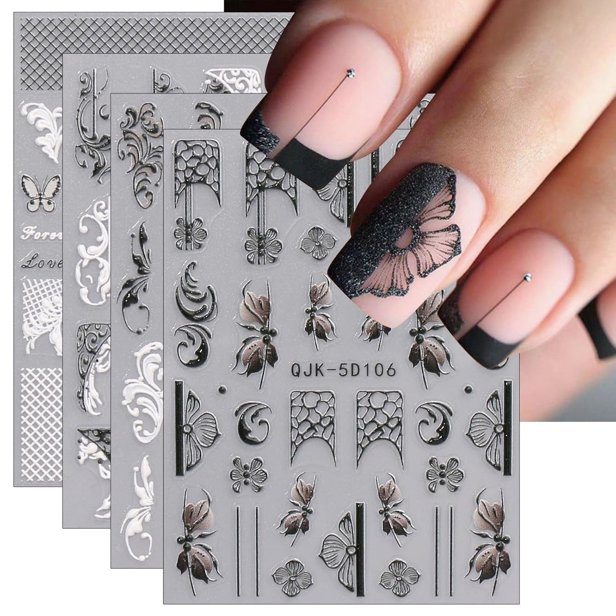 JMEOWIO 3D Nagelsticker Schwarz Weiß Blume Nail Art Sticker Selbstklebend Nagelaufkleber 5D Stereoskopisch Blumen Dekoration Nageldesign Zubehör 4 Blatt