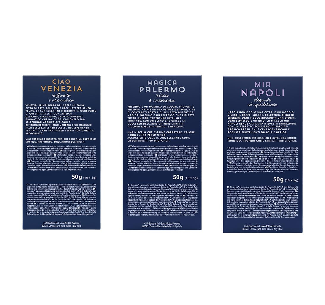Caffè Borbone Verkostung Kit, 90 Aluminium-Kapseln: 30 Mia Napoli, 30 Ciao Venezia, 30 Magica Palermo, (3 x 30 Stück) – Kompatibel mit Kaffeemaschinen für den Hausgebrauch der Marke Nespresso®*