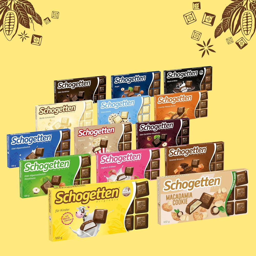 Schogetten pentru copii, tabletă de ciocolată 100g, ciocolată cu lapte cu umplutură cremoasă de lapte, porționată convenabil. O delicatesă. Bucată cu bucată.