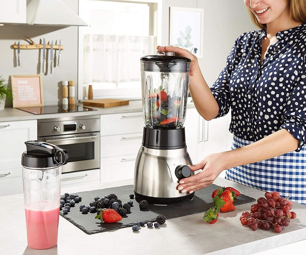Russell Hobbs Standmixer 2-In-1 [1,5L Glasbehälter Mixer & 0,6L Mini Smoothie Maker -To-Go-Trinkflasche Inkl. Deckel] Spülmaschinenfest, Impuls-/Ice-Crush Funktion, Becher BPA Frei, Edelstahl 23821-56 Bucatarie Naty Shop