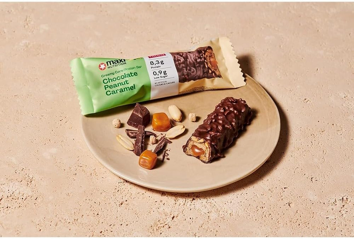 MaxiNutrition Baton proteic vegan cremos cu ciocolată, arahide și caramel 12x45g - baton proteic vegan, 18% proteine, 8,3g per baton, conținut scăzut de zahăr (0,9g), fără zahăr adăugat, fără arome artificiale