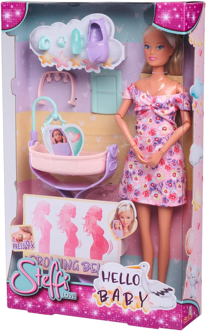 Simba 105733680 Steffi LOVE Doll Hello Baby (29 Cm) - Păpușă de joacă gravidă cu burtă în creștere, păpușă și accesorii - jucărie pentru copii pentru fete și băieți de la 3 ani, negru Papusi Naty Shop