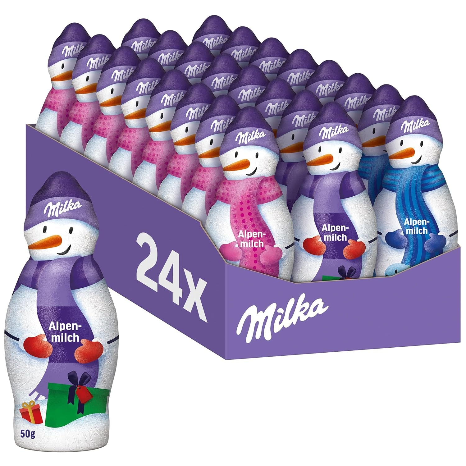 Milka Om de zăpadă Alpine Milk – Pachet mare cu figurine de oameni de zăpadă din ciocolată în 3 modele – 24 x 50g