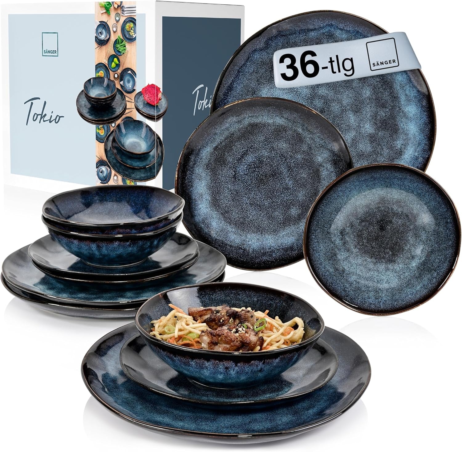 Sänger | Set de veselă Tokyo cu 36 de piese, veselă pentru 12 persoane, set de veselă din gresie, modern lucrat manual, veselă albastru închis cu accente negre | COLECȚIA PREMIUM