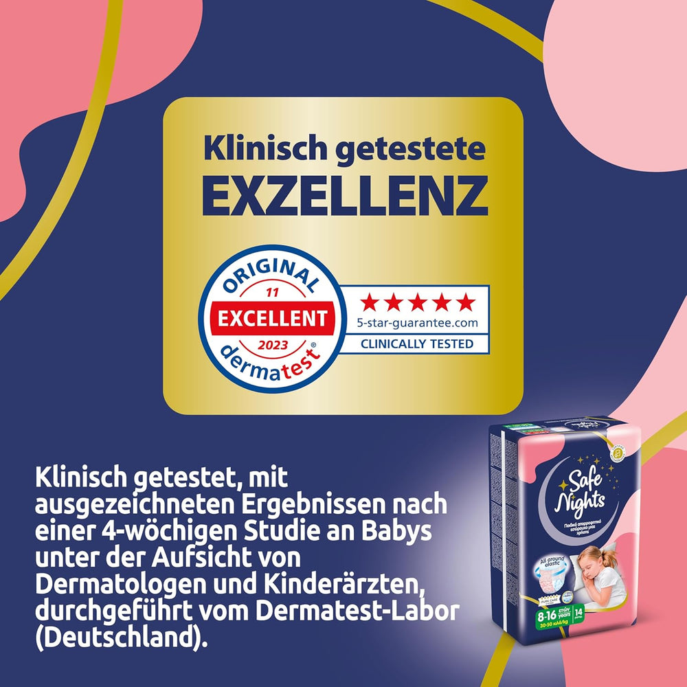 Safe Nights Girl, chiloți absorbanți de noapte pentru fete cu vârsta cuprinsă între 8 și 16 ani (30-50 kg), 14 bucăți