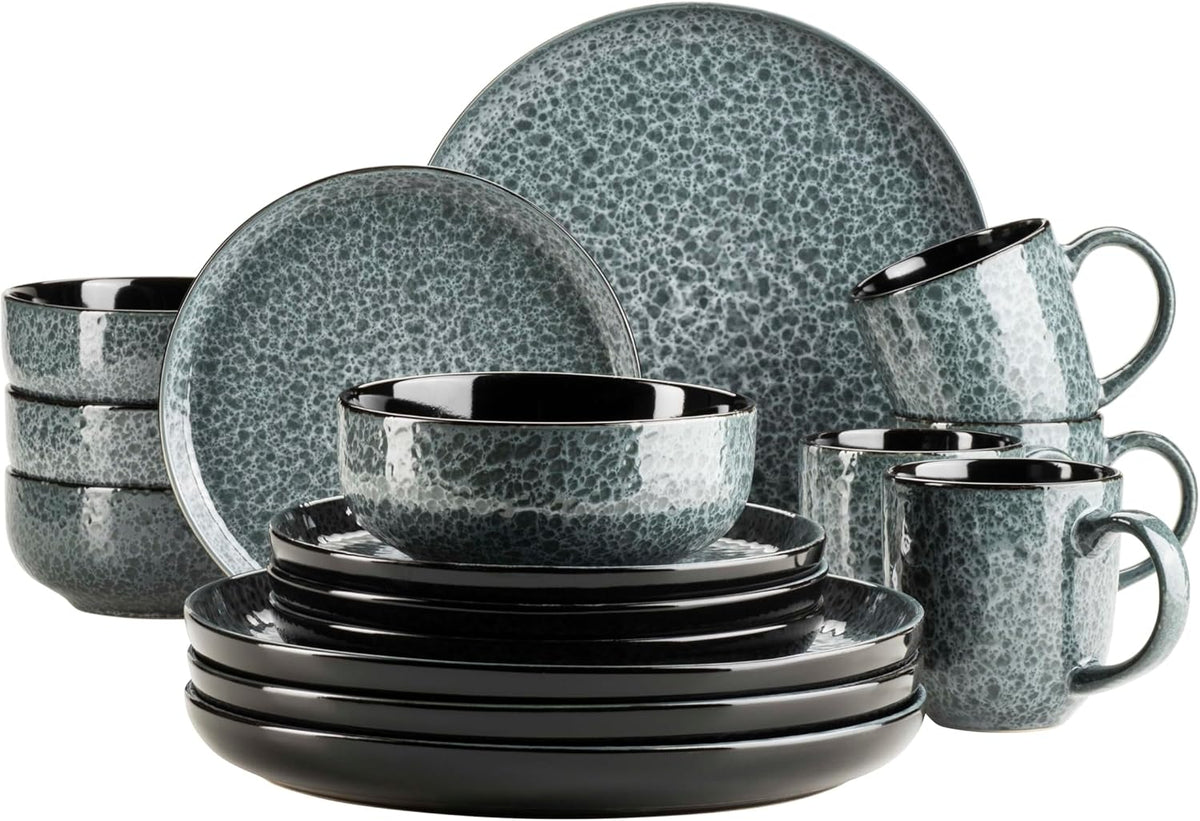 MÄSER 934110 Seria Filippa, Set de veselă din ceramică pentru 4 persoane, Set de veselă modern combinat cu 16 piese; Farfurii, boluri și căni cu glazură reactivă în verde și negru, Gresie, Verde