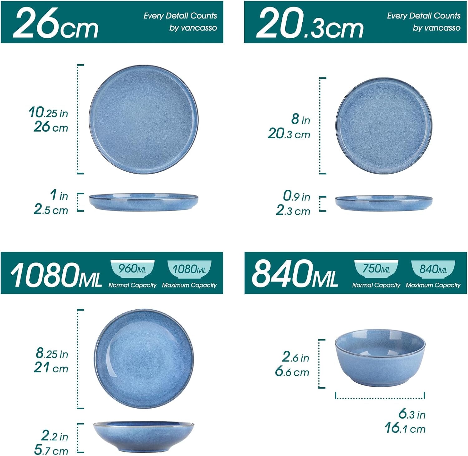 Steingut Geschirrset 6 Personen, vancasso ANYA Blau Teller Set Modern 24 teilig,Tafelservice mit Speiseteller, Suppenteller, Desserttellern, Schüsseln, Geschirr Set Spülmaschinen und Mikrowellenfest