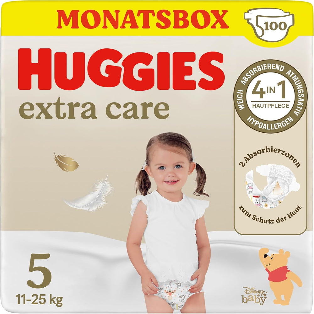 Scutece Huggies pentru bebeluși Extra Care cu design Disney, mărimea 4, 120 de scutece (2x60), cutie lunară