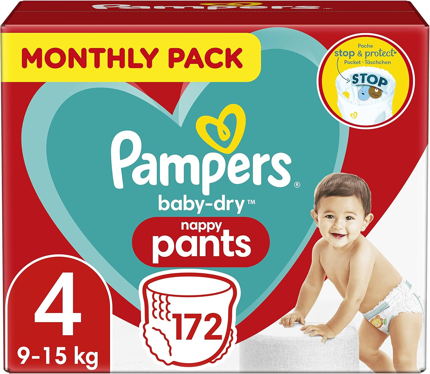 Pampers (Versiunea Veche), Chiloți, Mărimea 4, 9kg-15kg, Pachet de trei (1 x 88 scutece)