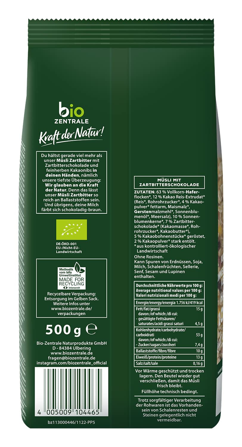 Biozentrale Muesli cu ciocolată neagră | 500g Organic Vegan | Ideal pentru micul dejun și pentru paharul tău de muesli la pachet | Alternativă la batoanele de muesli