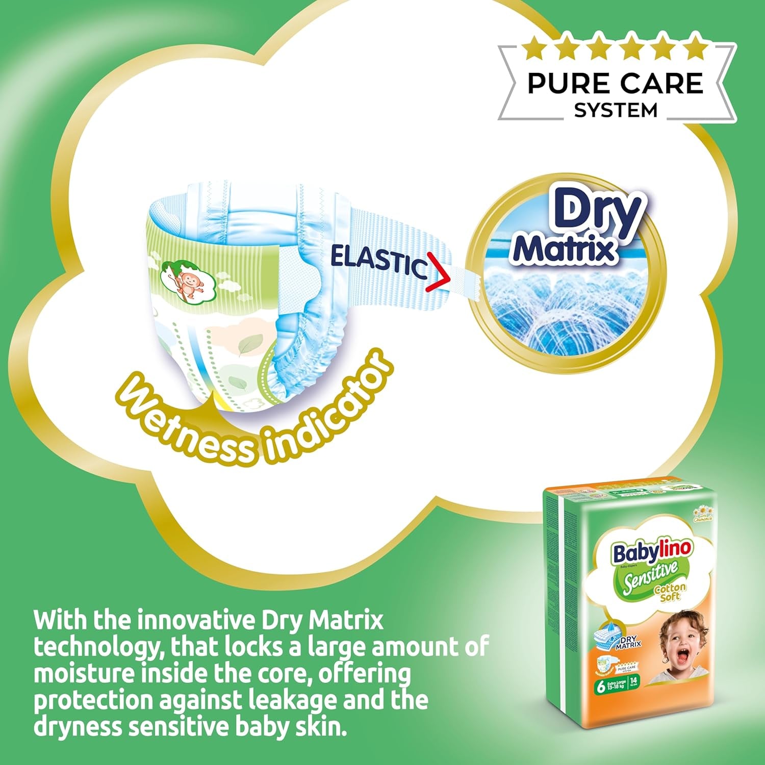 Scutece pentru bebeluși sensibili, mărimea 6, extra mari (13-18 kg), 114 scutece