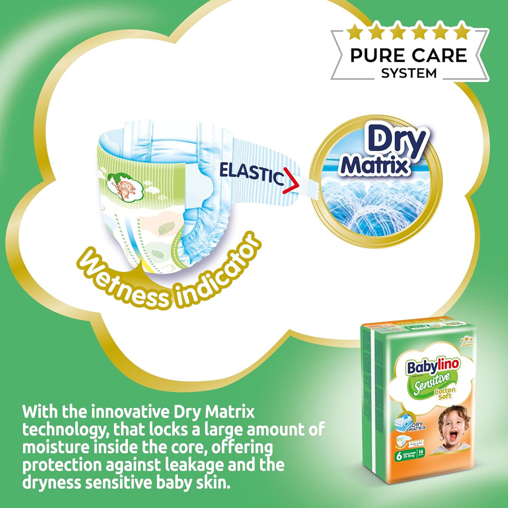 Scutece pentru bebeluși sensibili, mărimea 6, extra mari (13-18 kg), 114 scutece