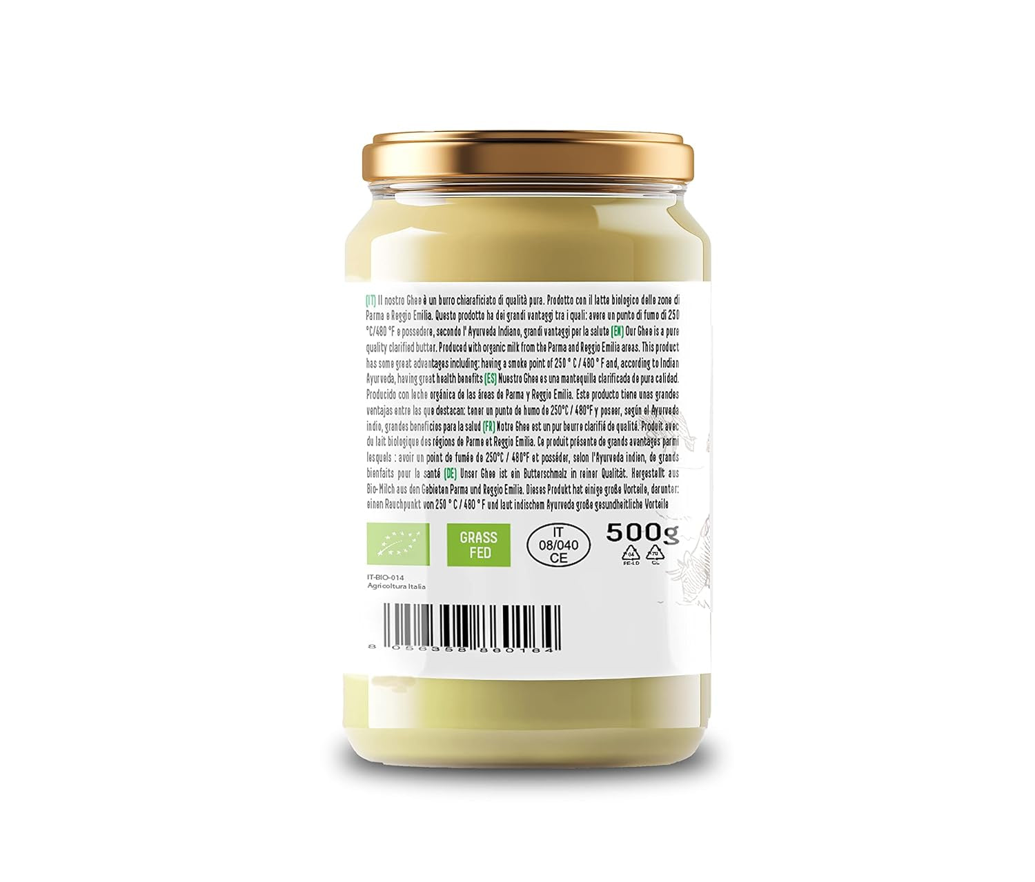 Cibo Bio Ghee 500g – Milch aus Parma & Reggio Emilia – Hergestellt in Italien – Weidekühe – Rauchpunkt 250°C – Aus Zentrifugensahne