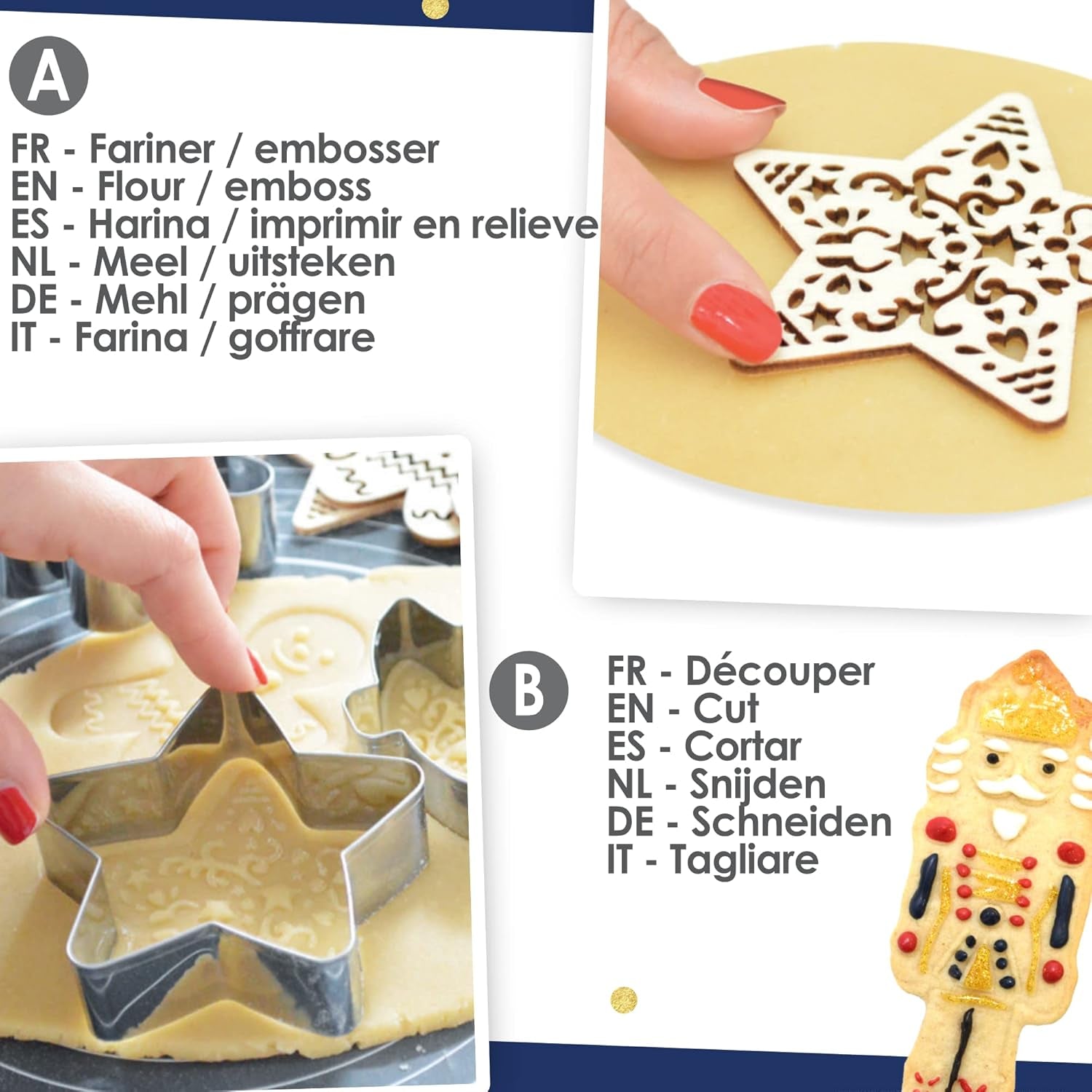 ScrapCooking - Set Forme de Biscuiți + Mașină de Gofrare Spargător de Nuci din Lemn – Formă de Biscuiți de Crăciun din Oțel Inoxidabil pentru Biscuiți în Relief – Accesoriu Formă de Coacere Sablată – Culoare Aurie – 2097