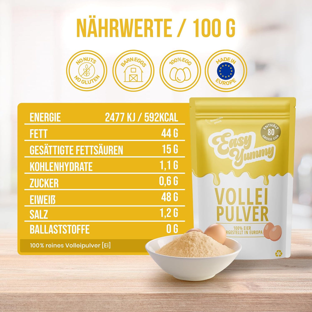 EASY YUMMY - Vollei-Eipulver (1000g = 80 Eier) aus Regionalen Niederländischen Freiland-Eiern | mit 1-Ei-Messlöffel | Wiederverschließbarer Beutel, lange Haltbarkeit | Rührei, Kochen, Backen | 100% Ei