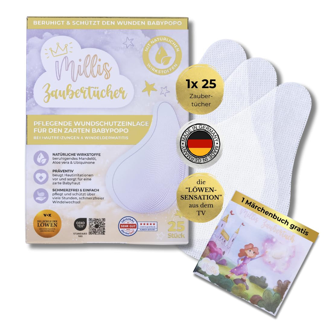 Millis Zaubertücher bei Windeldermatitis Baby, Bekannt aus "Die Höhle der Löwen", 25 Tücher (1 x 25er) mit Aloe Vera, Mandelöl & Q10 - Pflegt, Schützt & dient als Wundschutz bei gereizter Haut